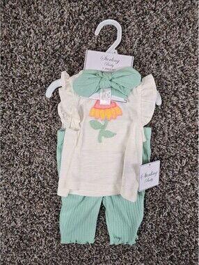 Sterling Baby Girls Sz 6M 3 Piece Outfit Set White Sage Green Floral Print NEW